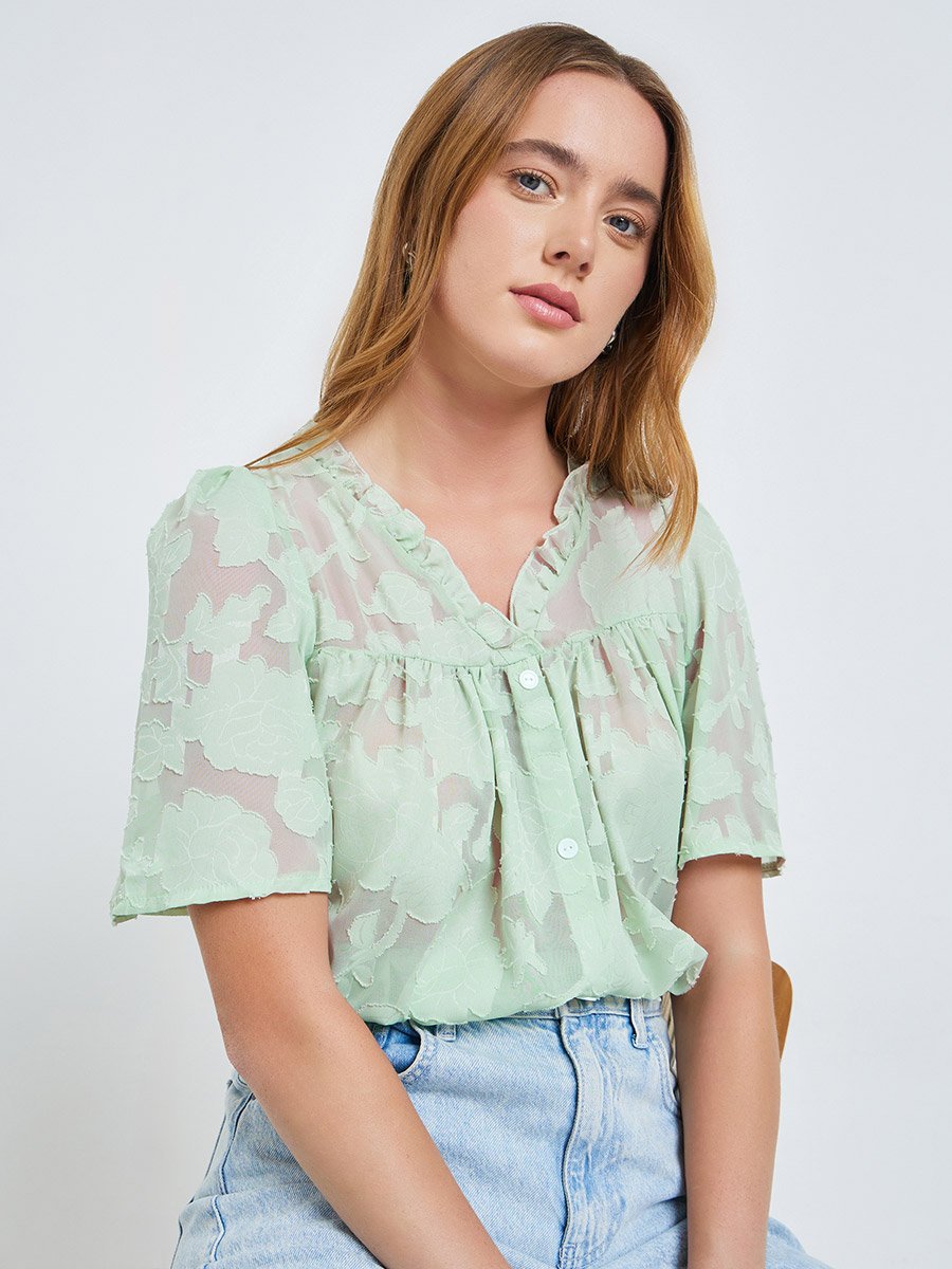Green Burnout V Neck Button Front Top