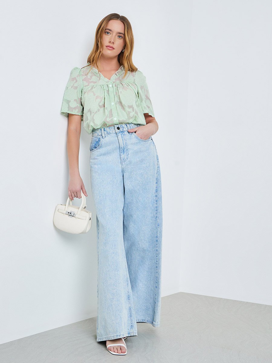Green Burnout V Neck Button Front Top