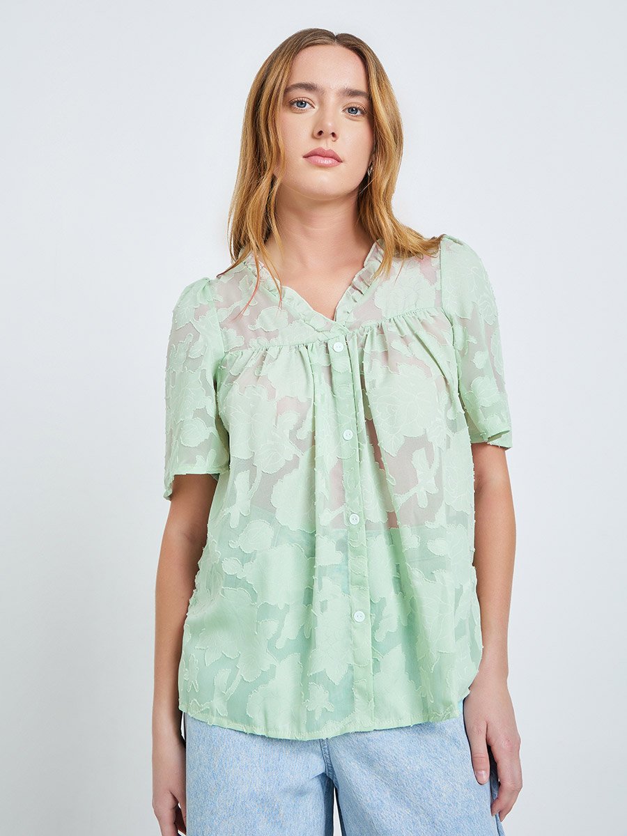 Green Burnout V Neck Button Front Top