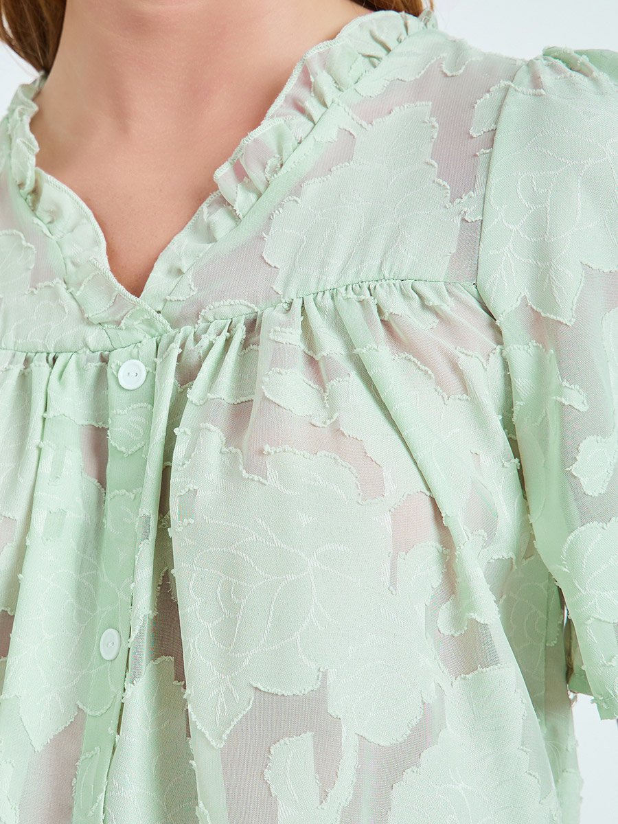 Green Burnout V Neck Button Front Top