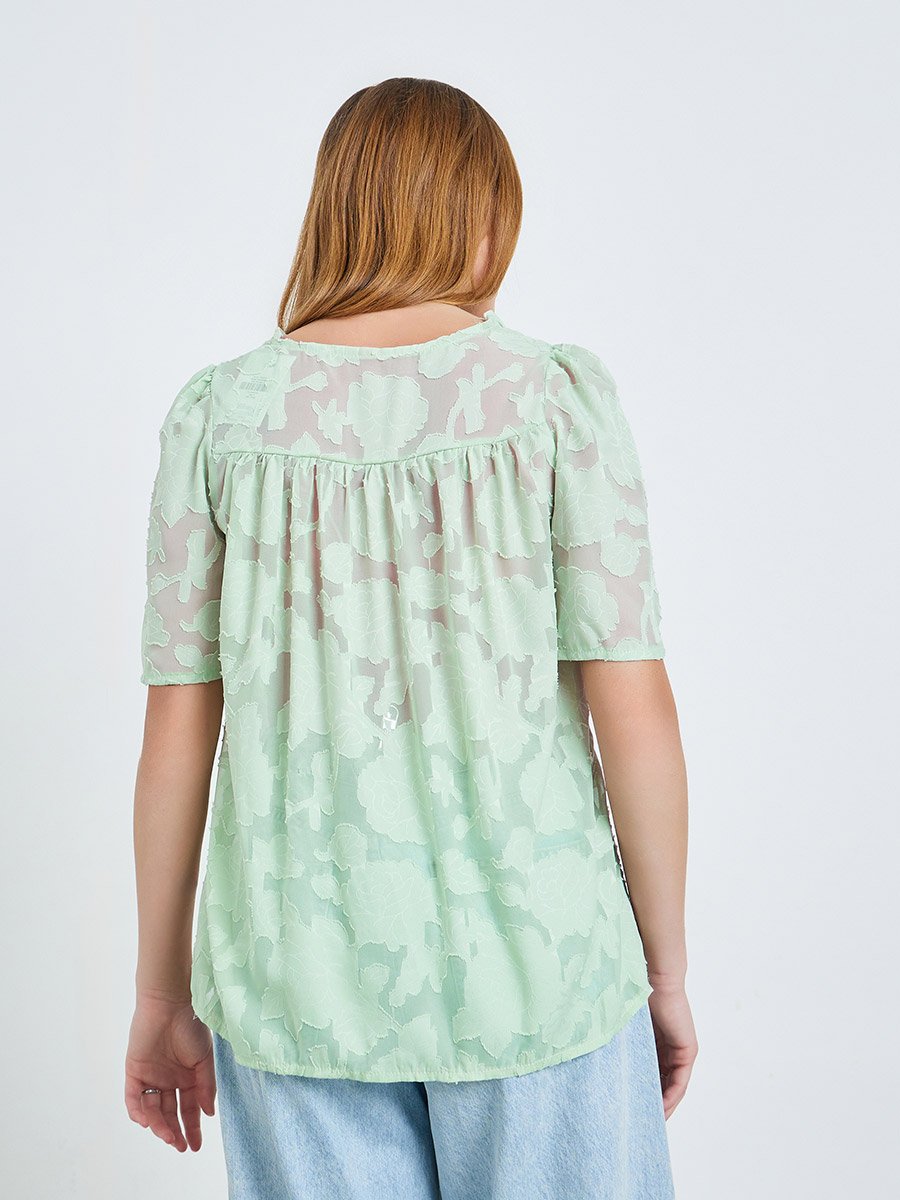 Green Burnout V Neck Button Front Top