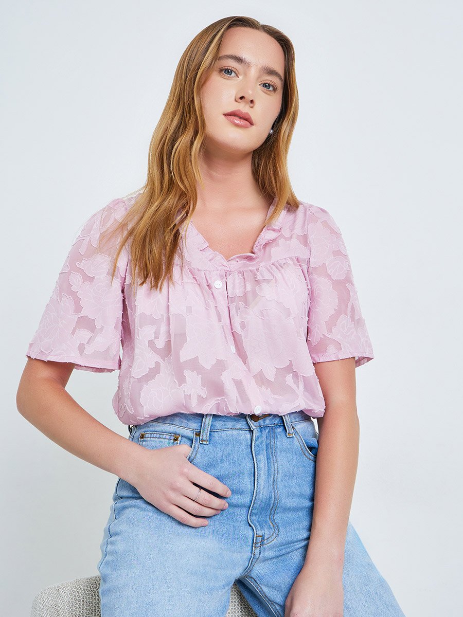 Purple Burnout V Neck Button Front Top