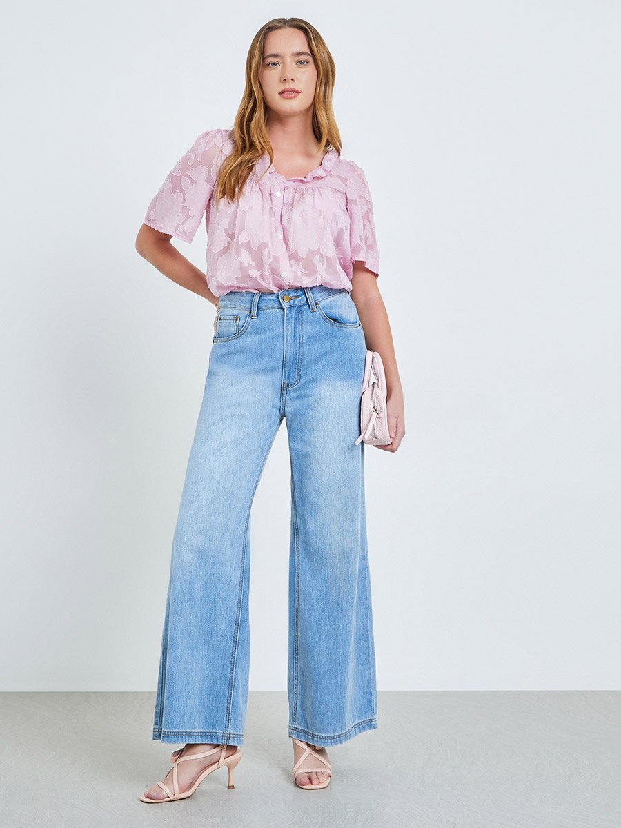 Purple Burnout V Neck Button Front Top