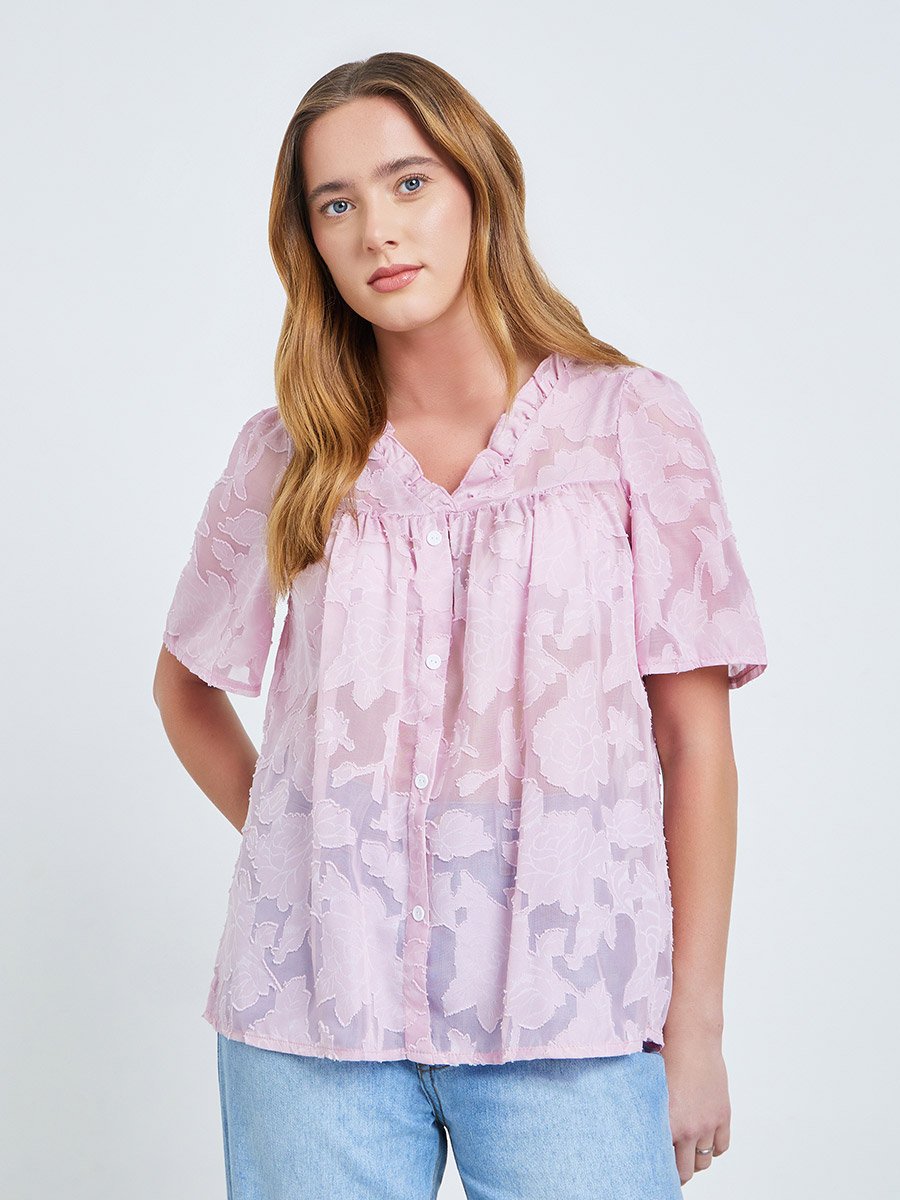 Purple Burnout V Neck Button Front Top