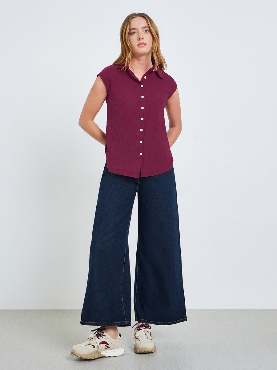 Burgundy Crinkled Cap Sleeves Cotton Shirt
