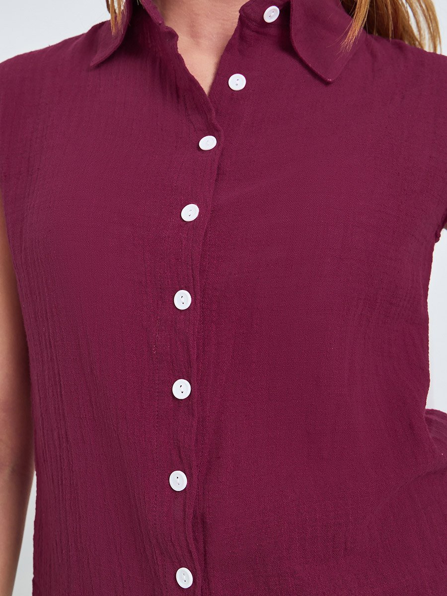 Burgundy Crinkled Cap Sleeves Cotton Shirt