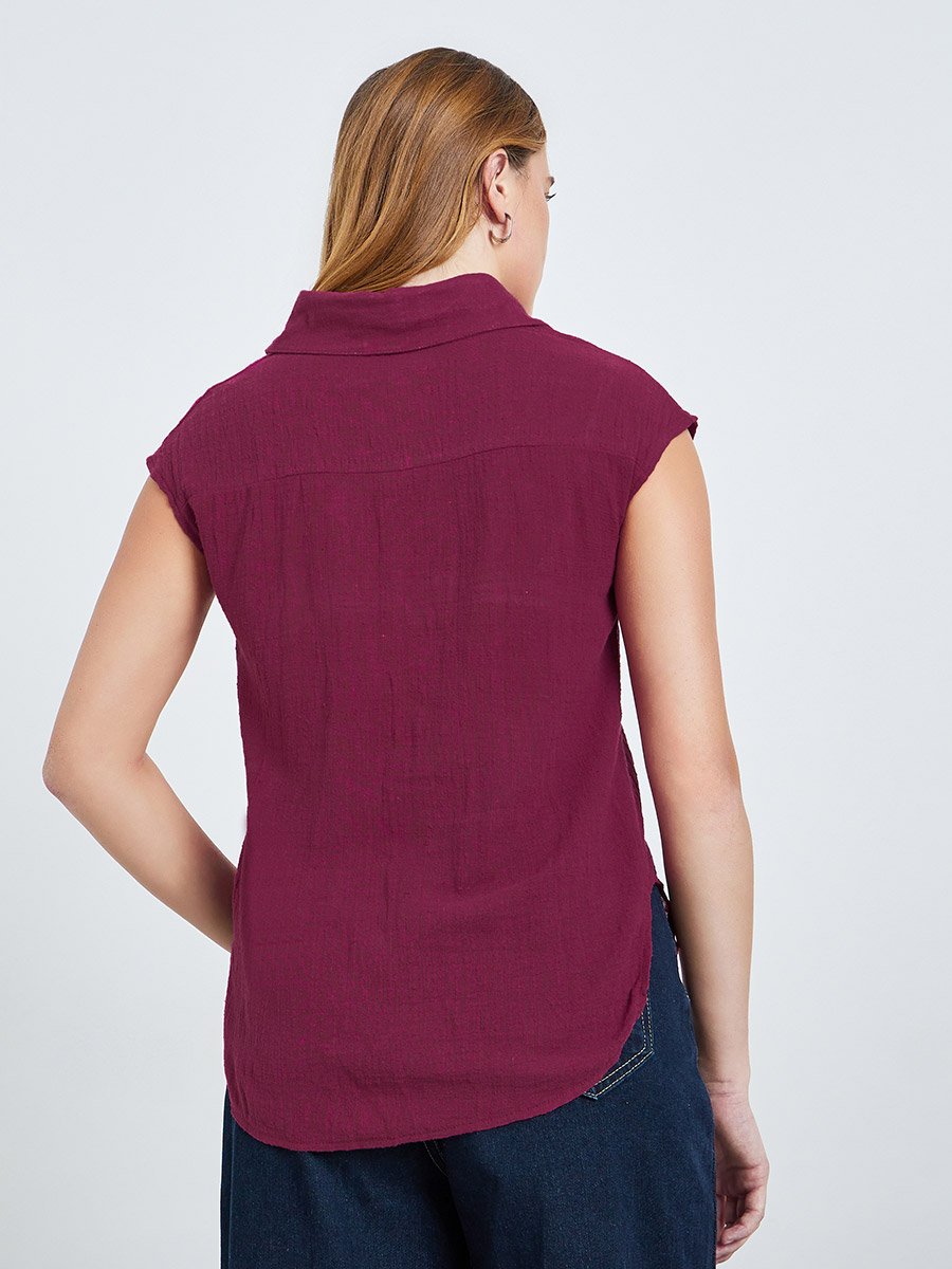 Burgundy Crinkled Cap Sleeves Cotton Shirt