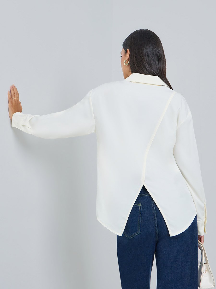 Off White Solid Asymmetric Split Back Oversized Shirt