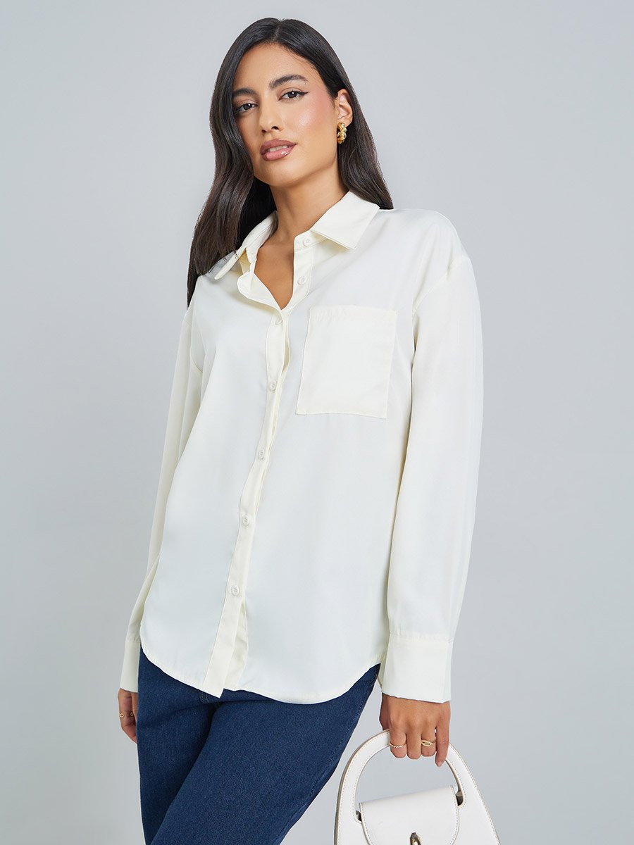 Off White Solid Asymmetric Split Back Oversized Shirt