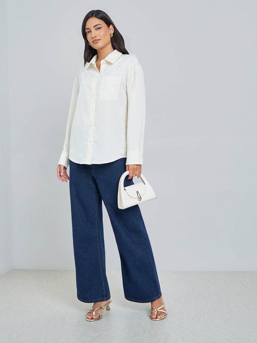 Off White Solid Asymmetric Split Back Oversized Shirt