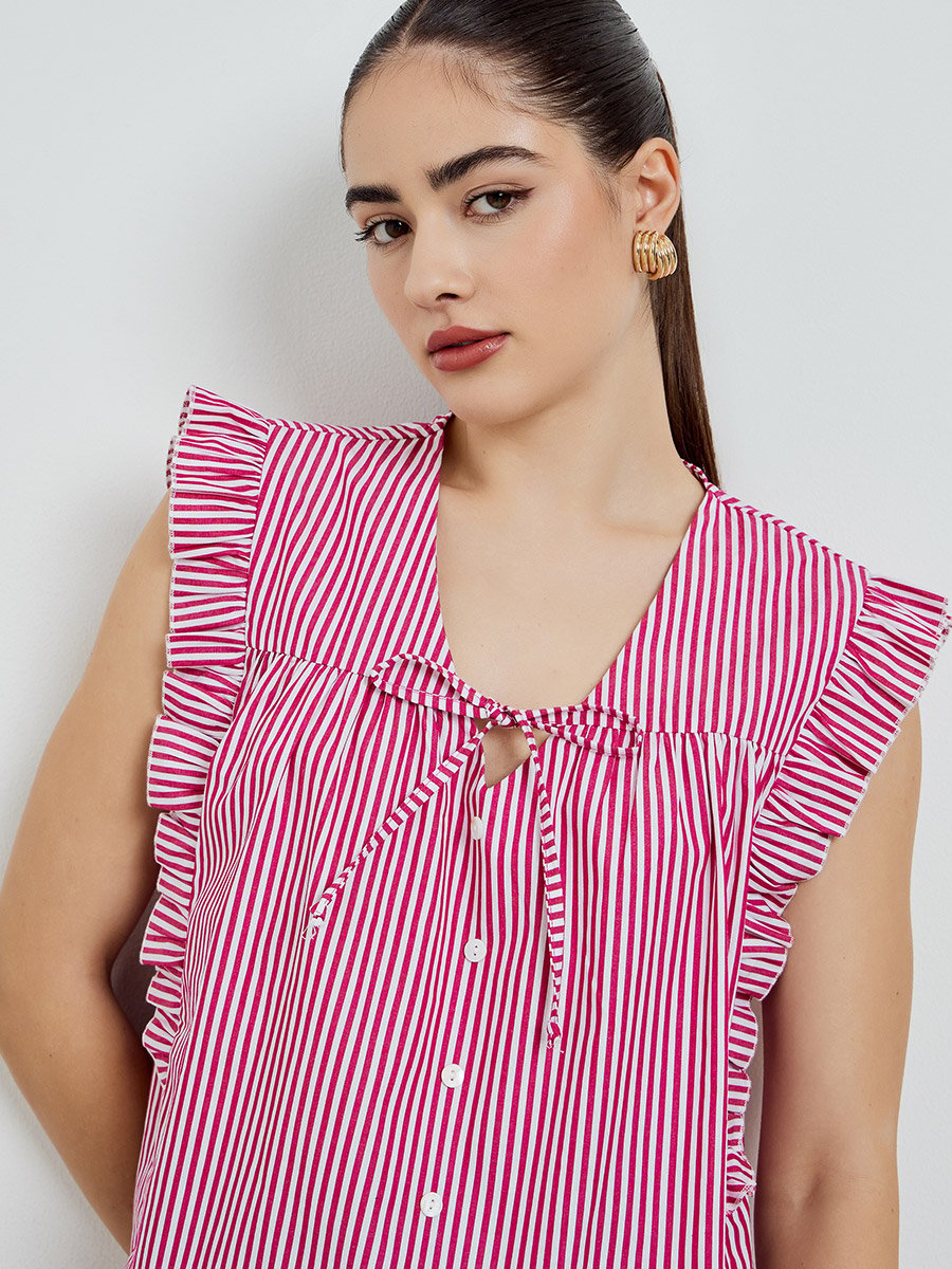 Red Striped Sleeveless Blouse with Tie Detail