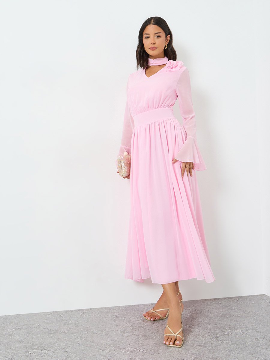 knee length dresses for ladies Blue Ditsy Floral Bell Sleeve Midi Dress
