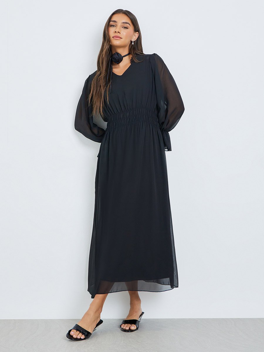 sachin and babi light blue dress Regency Empire Waist Puff Sleeve Chiffon Maxi Bridesmaid Dress In Black