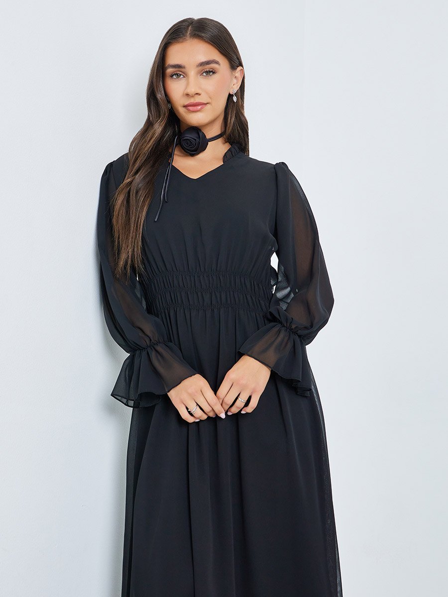 Mesh Long Sleeves Bodycon Knee Length Dress with Padded Cup For Women at  Saudi