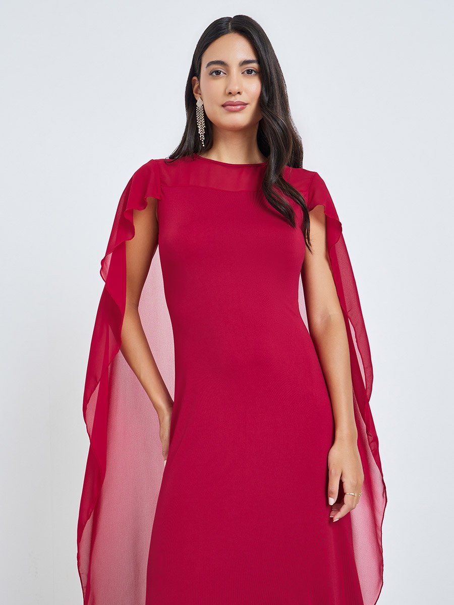 Burgundy Chiffon Cape Maxi Dress For Women at Bahrain | Styli