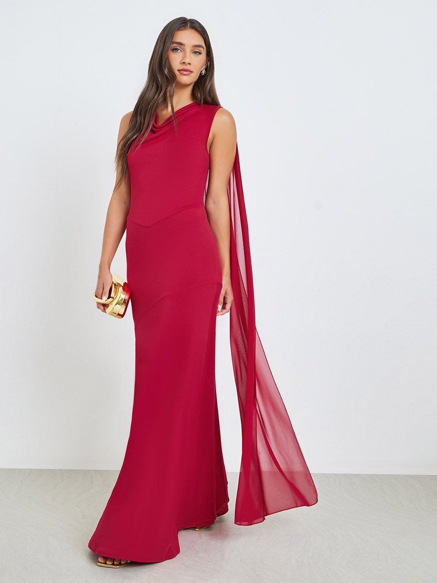 Red Chiffon Draped Maxi Dress