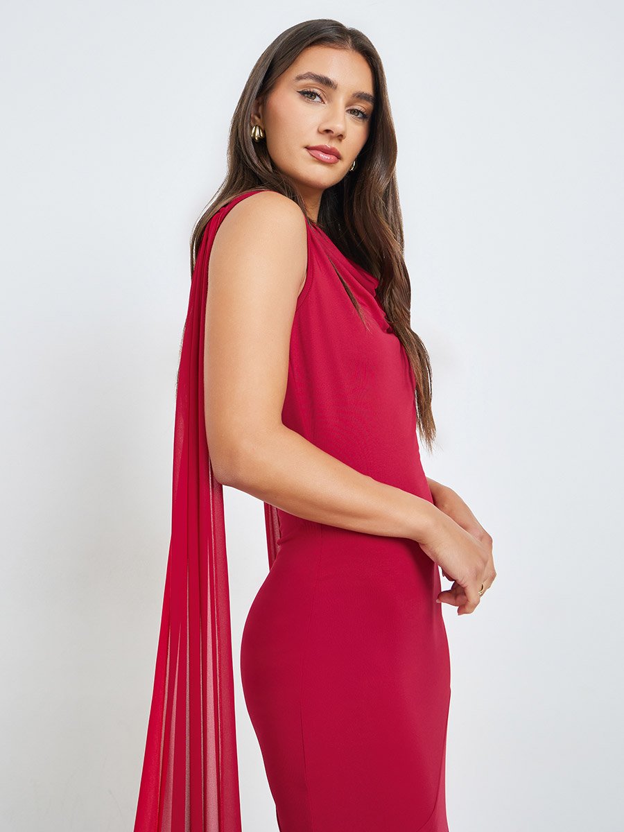 Red Chiffon Draped Maxi Dress