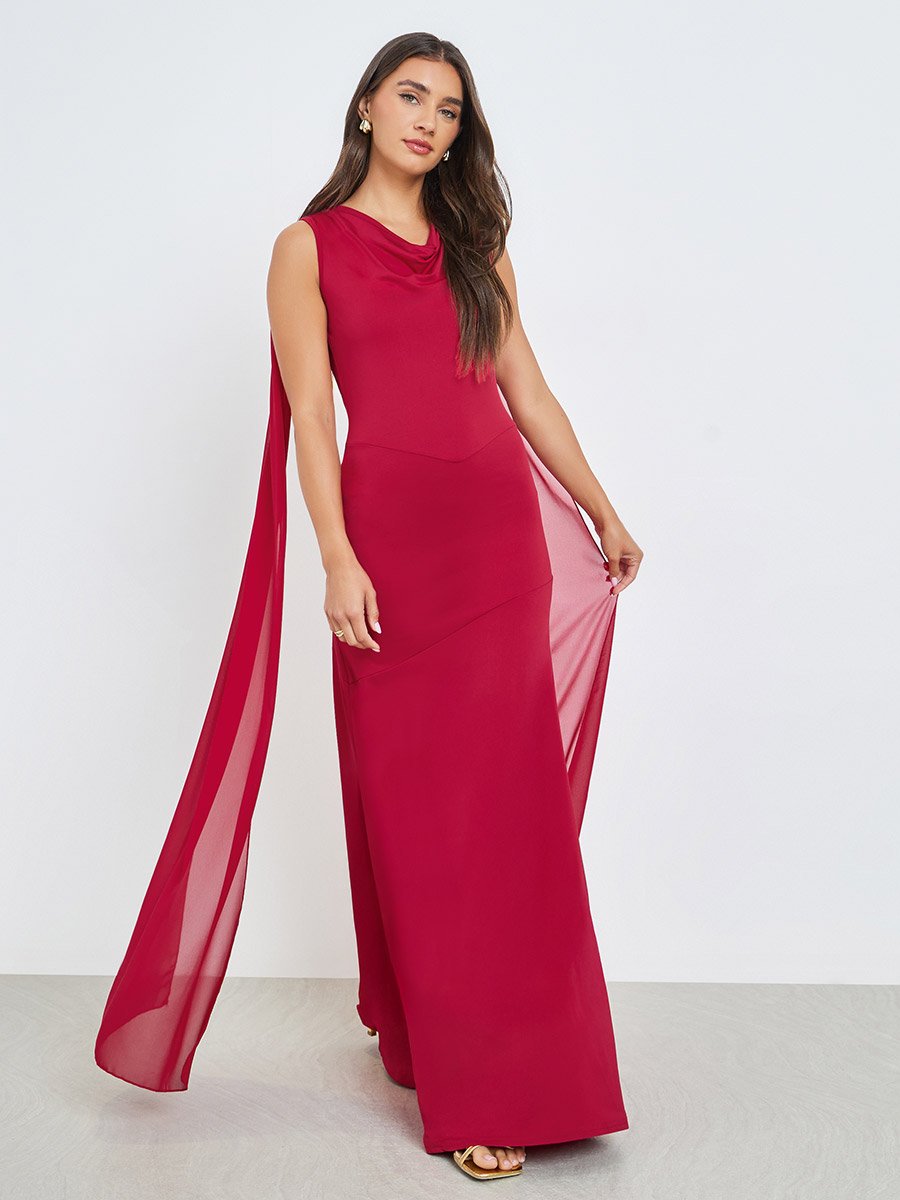 Red Chiffon Draped Maxi Dress