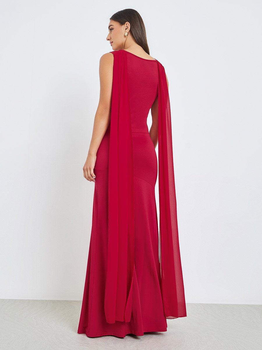 Red Chiffon Draped Maxi Dress