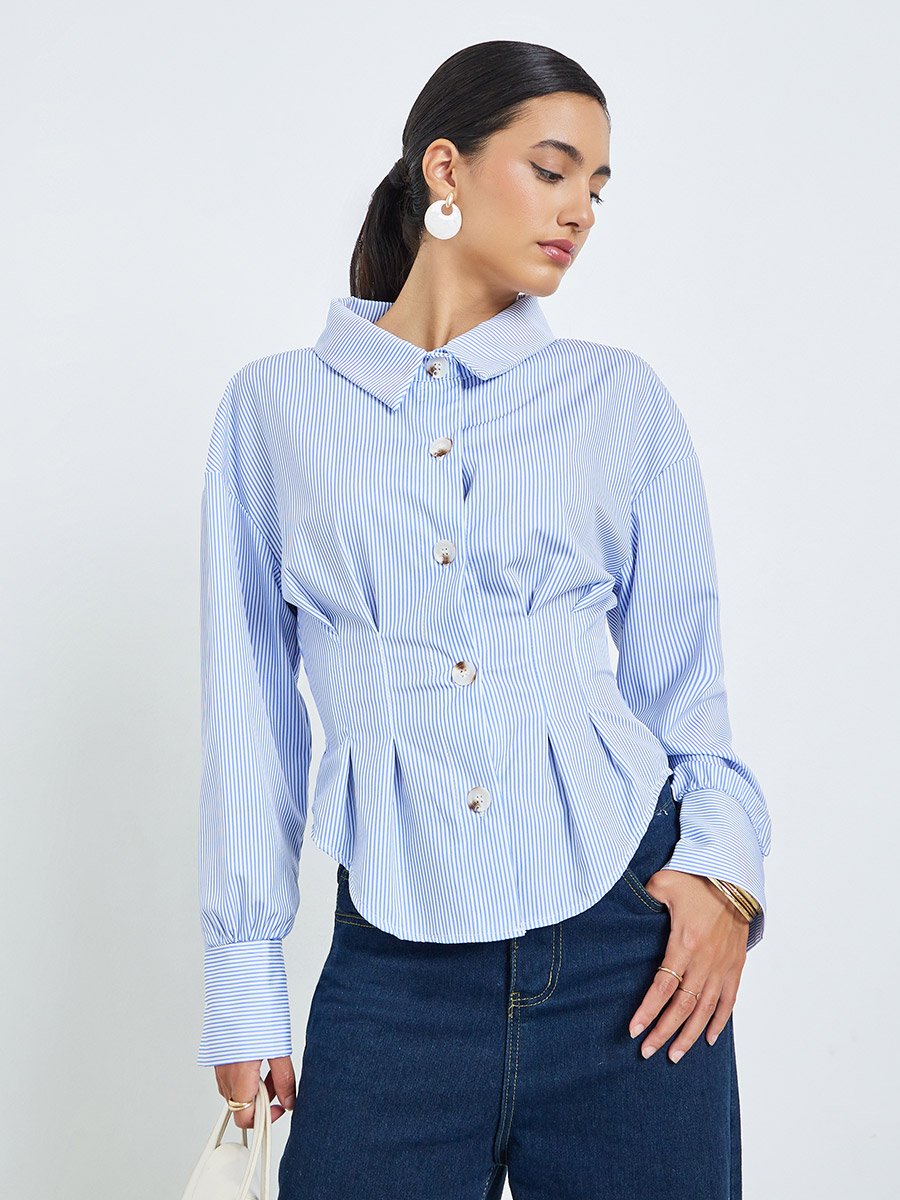 Blue Striped Cinched Waist Shirt