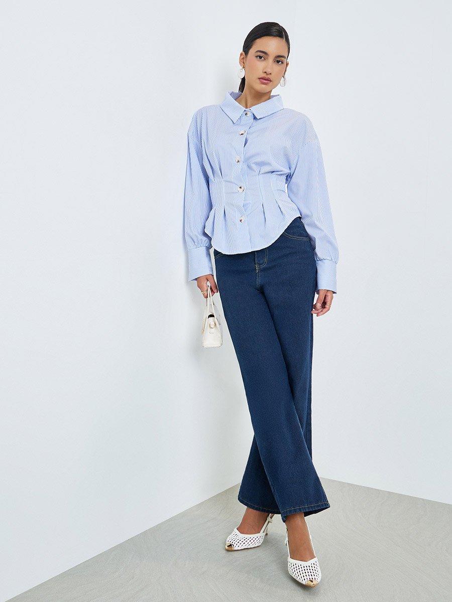Blue Striped Cinched Waist Shirt