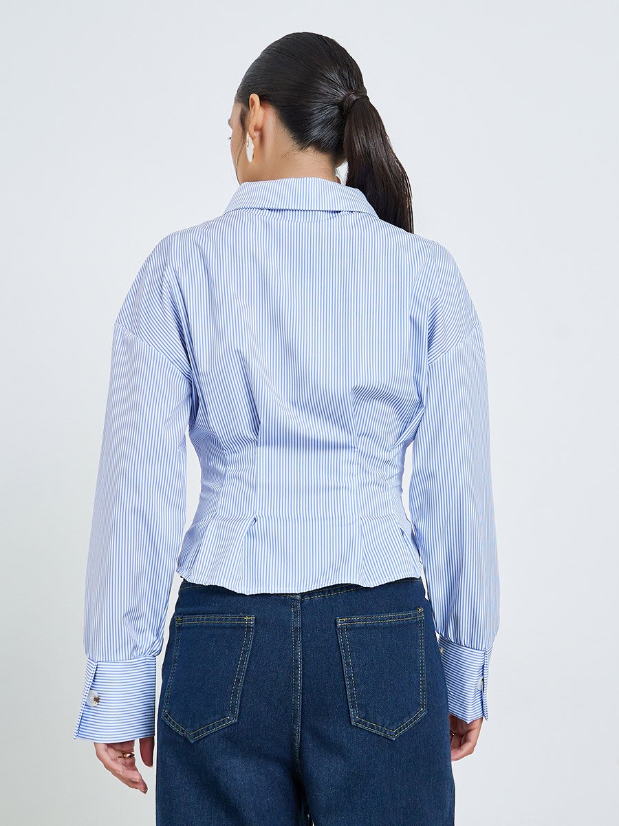 Blue Striped Cinched Waist Shirt