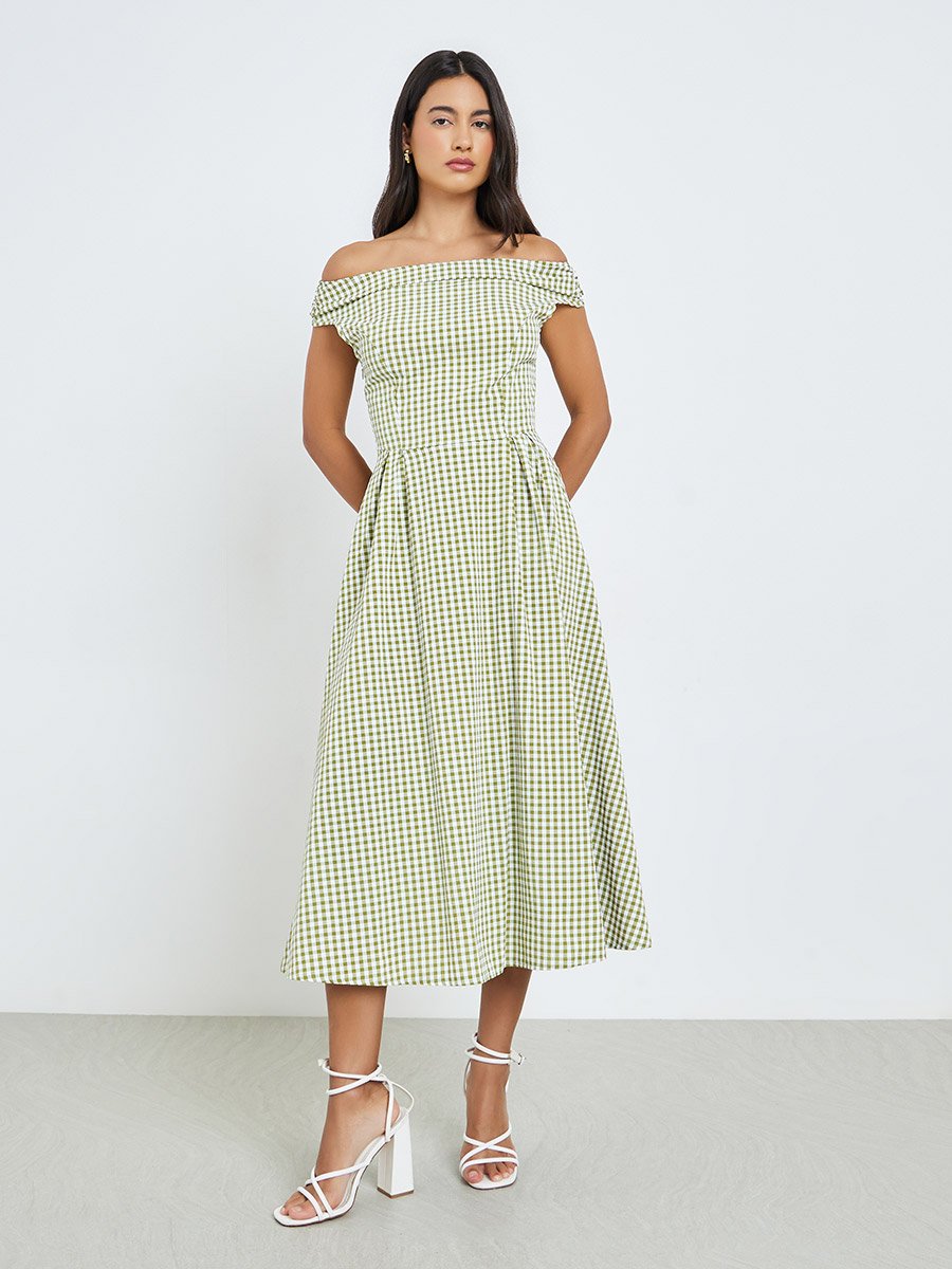 Green Gingham Off-Shoulder Midi Dress