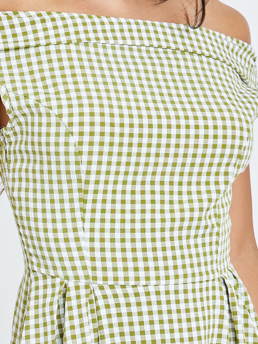 Green Gingham Off-Shoulder Midi Dress