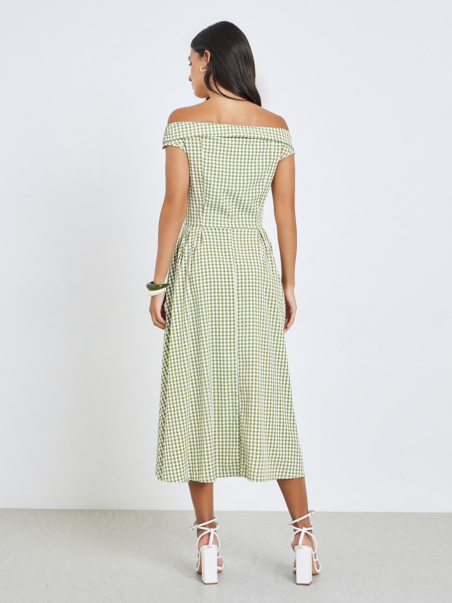 Green Gingham Off-Shoulder Midi Dress