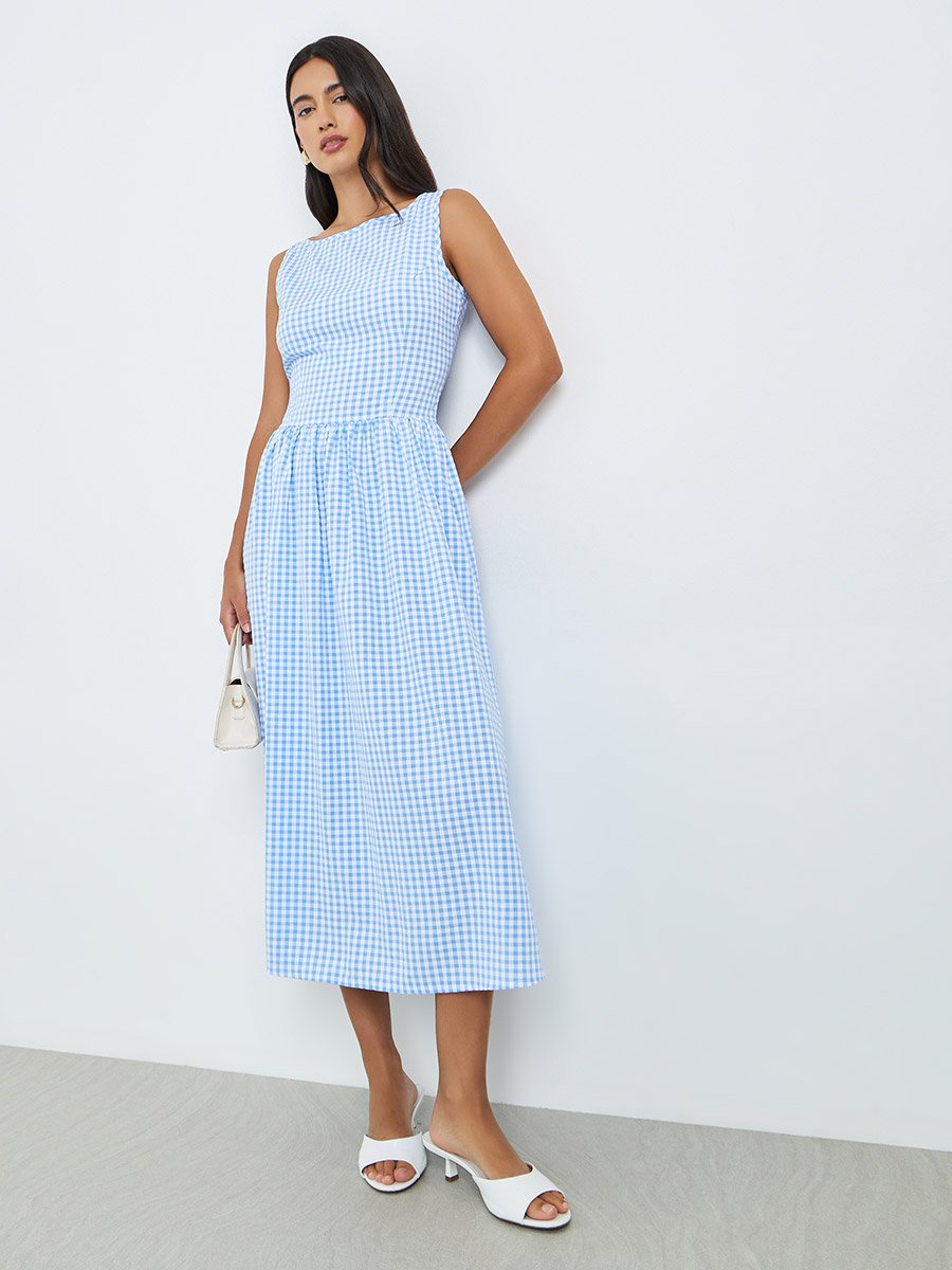 princess polly baby blue dress BERNADETTE Checked cotton midi dress