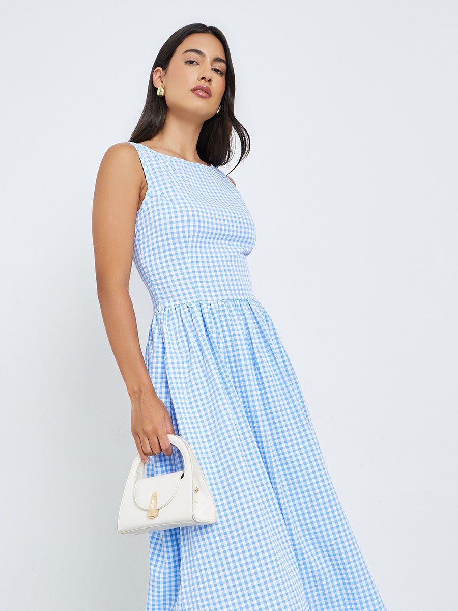 Blue Gingham Check Sleeveless Midi Dress