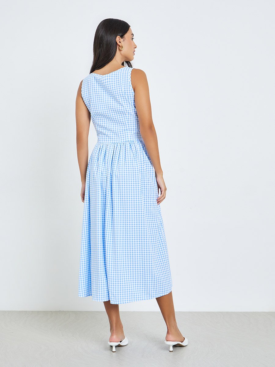 Blue Gingham Check Sleeveless Midi Dress