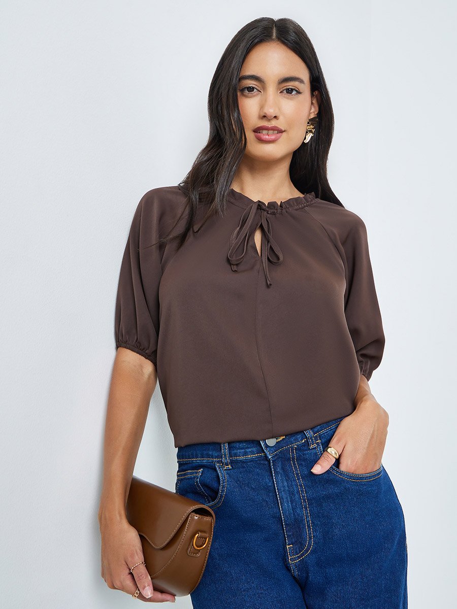 Brown Solid Tie-Up Neck Blouse