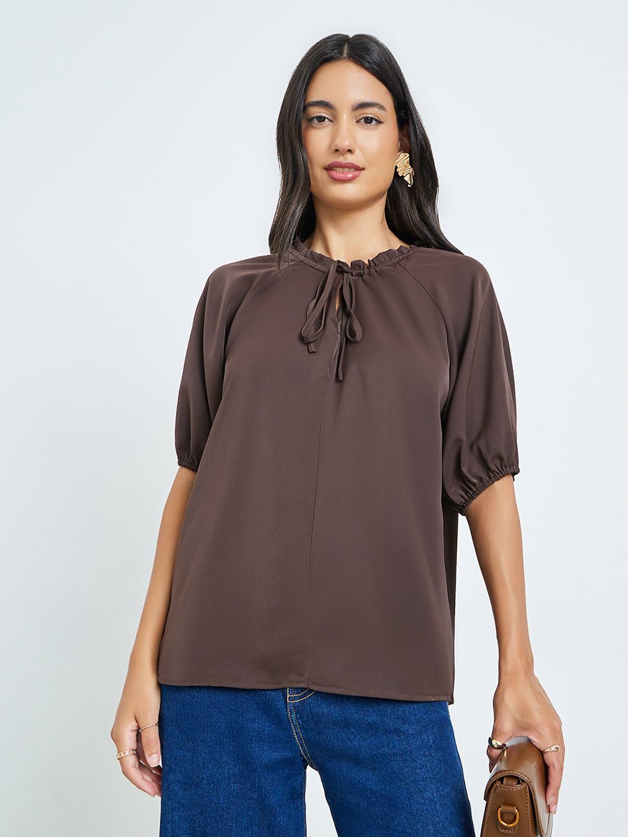 Brown Solid Tie-Up Neck Blouse