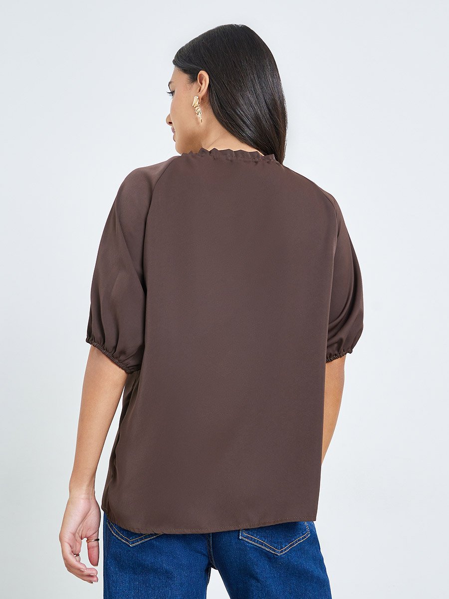 Brown Solid Tie-Up Neck Blouse