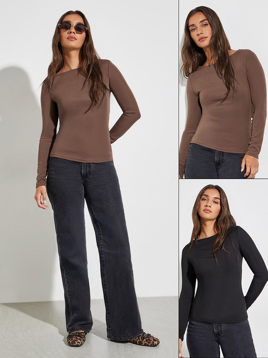 Pack of 2 - Solid Boat Neck Knit Top
