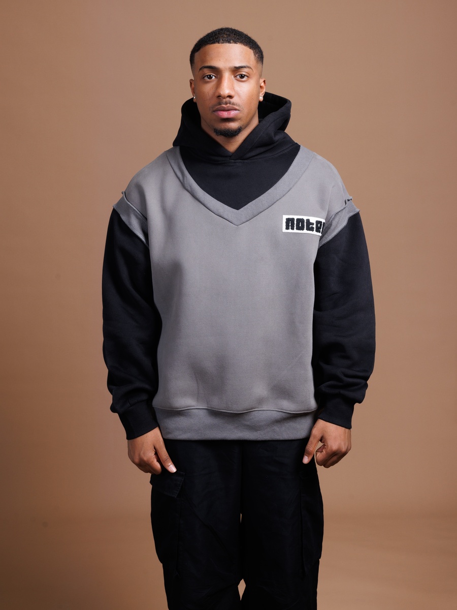 Grey Layered Look Relaxed Fit Hoodie