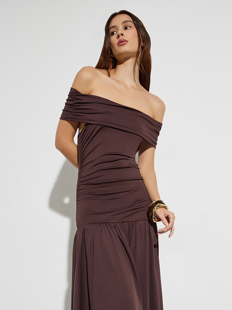 Brown Off Shoulder A-Line Midi Dress