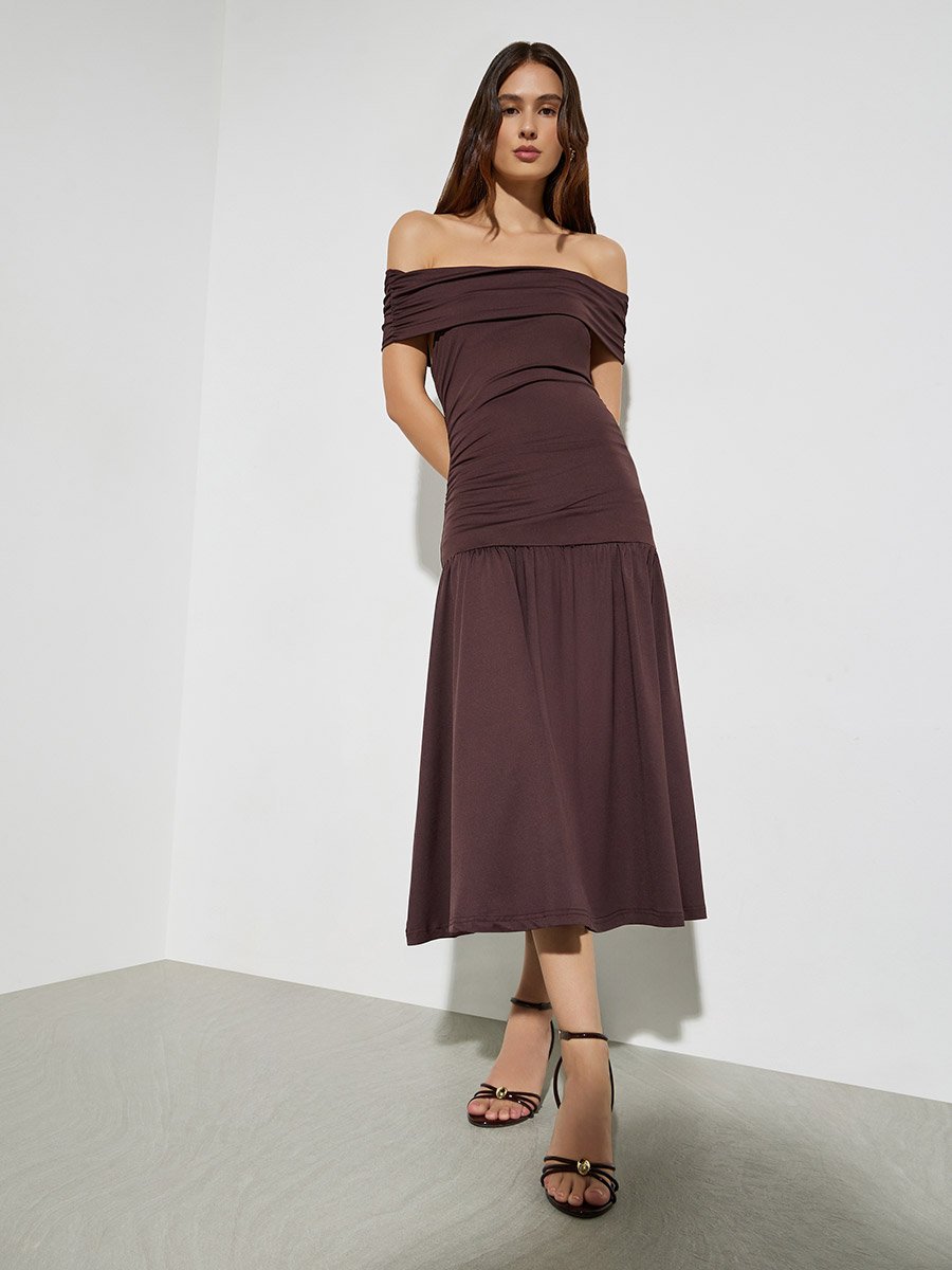 Brown Off Shoulder A-Line Midi Dress