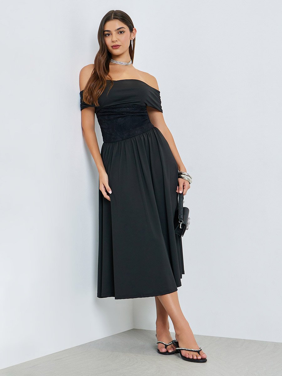navy blue midi wedding guest dress Short Sleeve Ruffled V-Neck A-Line Midi Dress for Wedding Guests