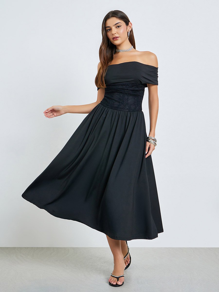 Black Lace Insert Off Shoulder A-Line Midi Dress