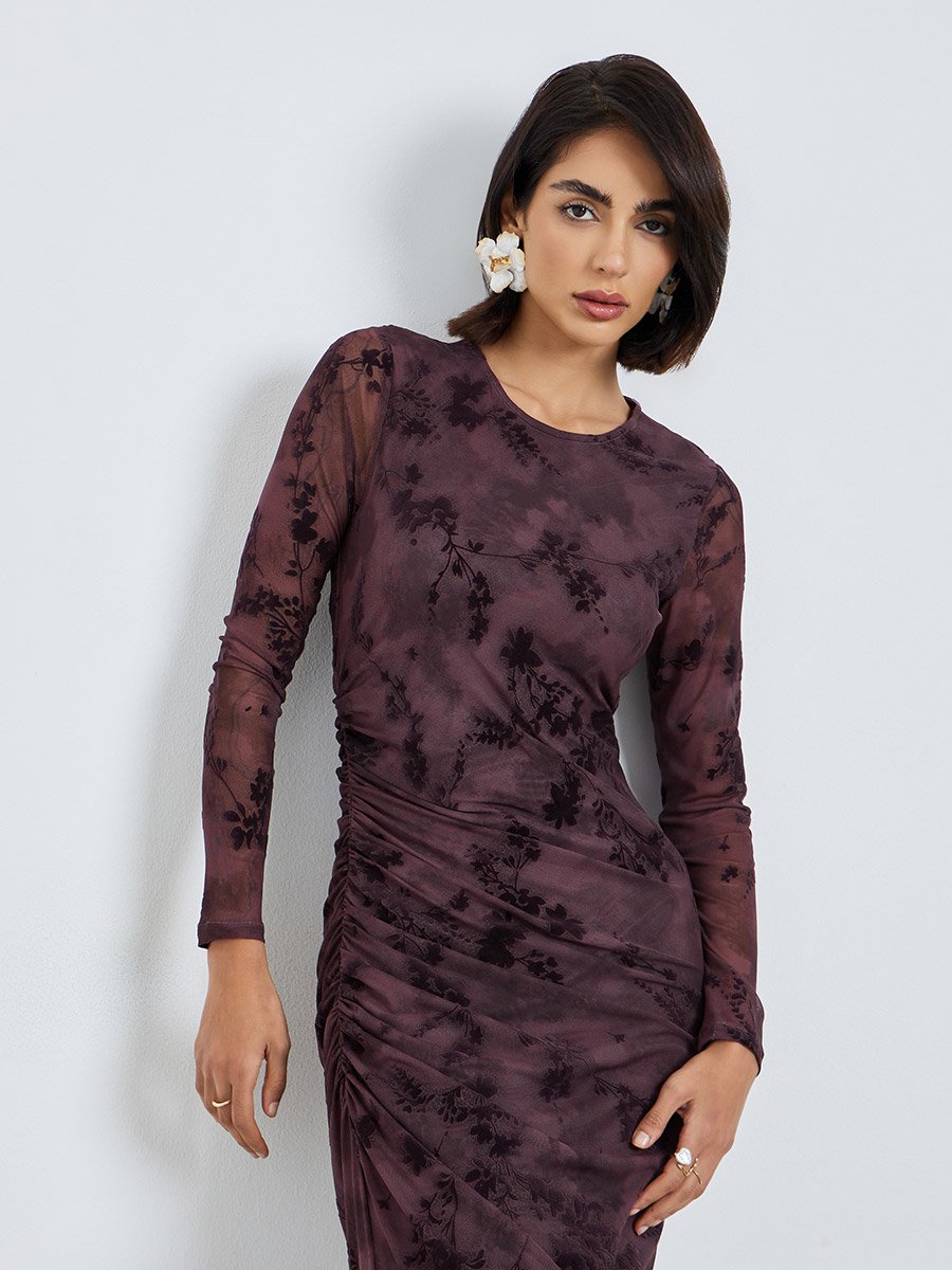 Magenta Floral Mesh Bodycon Maxi Dress