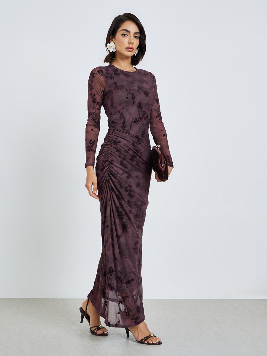 Magenta Floral Mesh Bodycon Maxi Dress