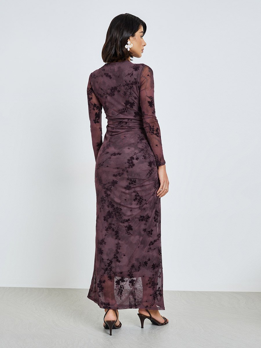 Magenta Floral Mesh Bodycon Maxi Dress