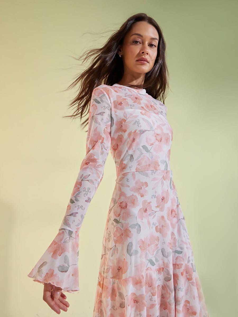 Peach Floral Print Tiered Maxi Dress