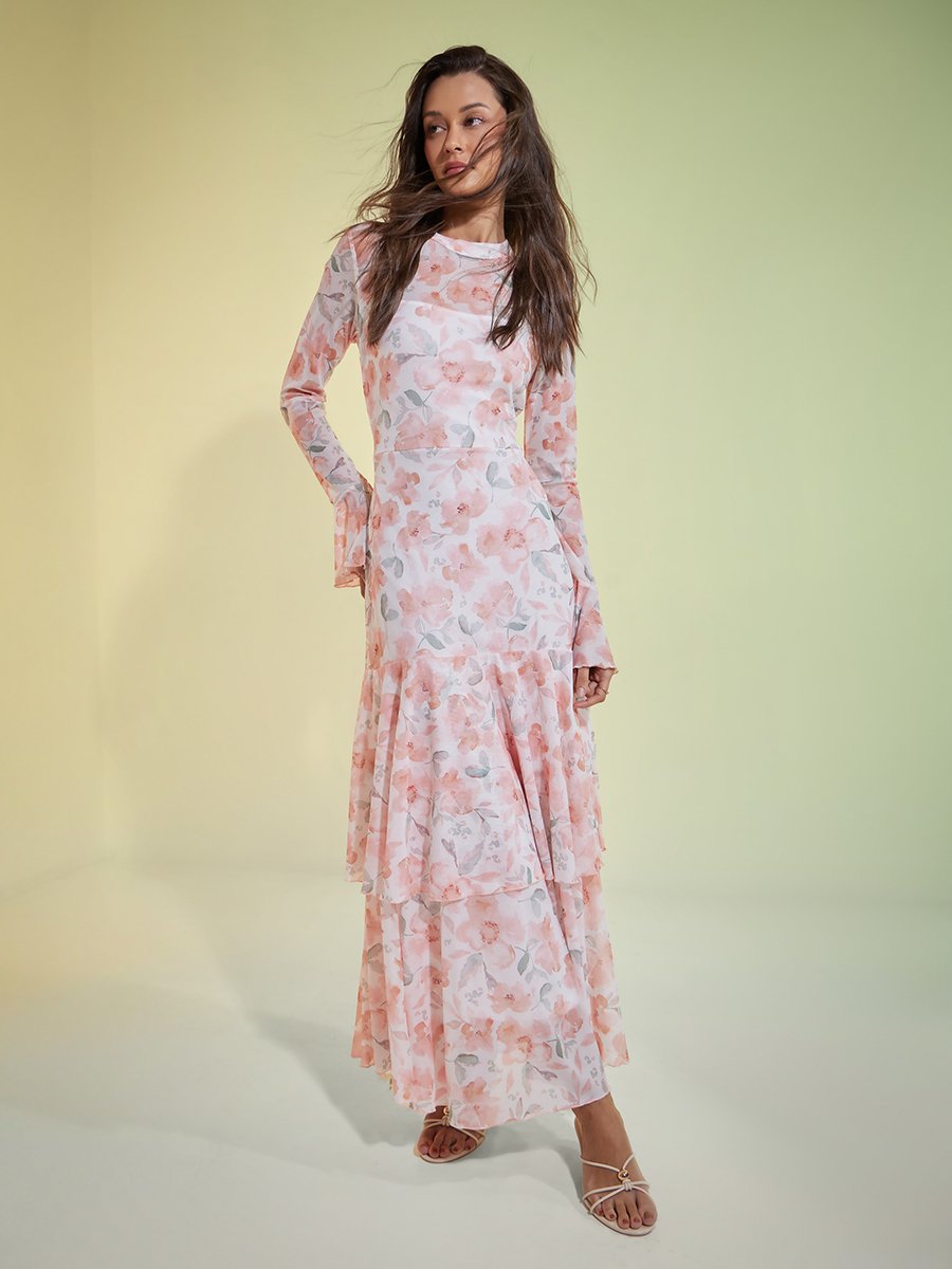 Peach Floral Print Tiered Maxi Dress