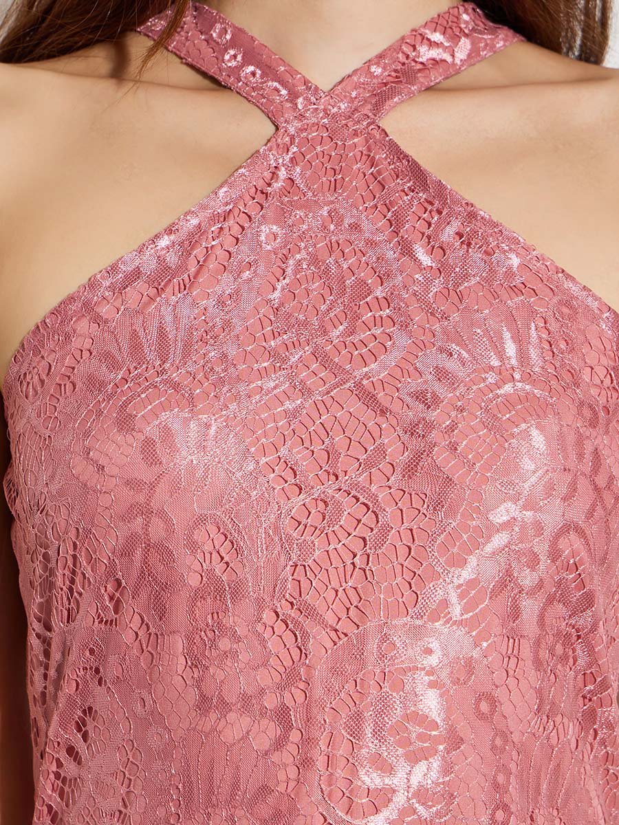 Pink Lace Halter Neck A-Line Maxi Dress