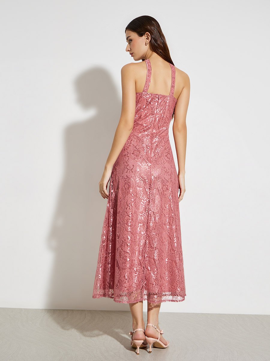 Pink Lace Halter Neck A-Line Maxi Dress For Women at Kuwait | Styli Pink Lace Halter Neck A-Line Maxi Dress For Women at Kuwait | Styli