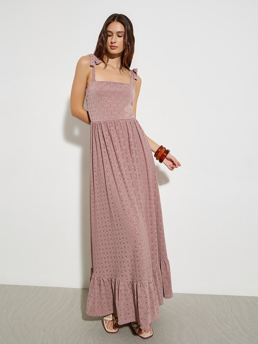 Pink Square Neck Eyelet Maxi Dress