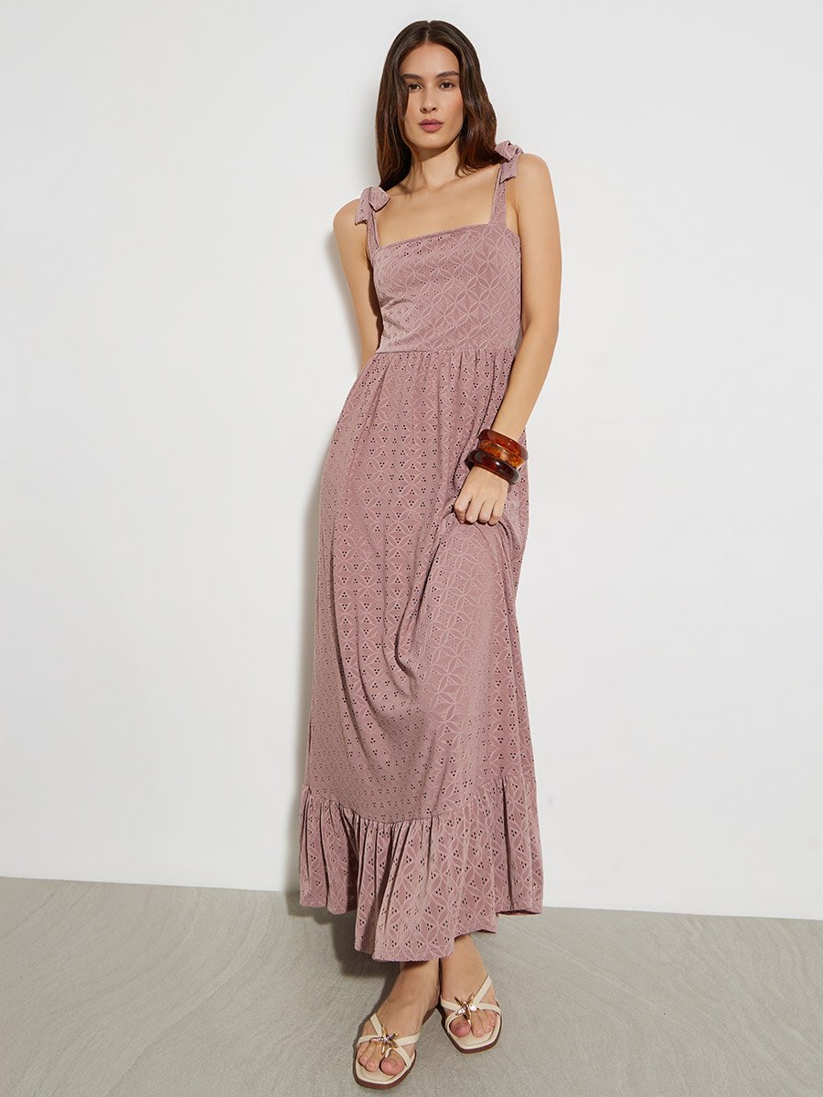 Pink Square Neck Eyelet Maxi Dress